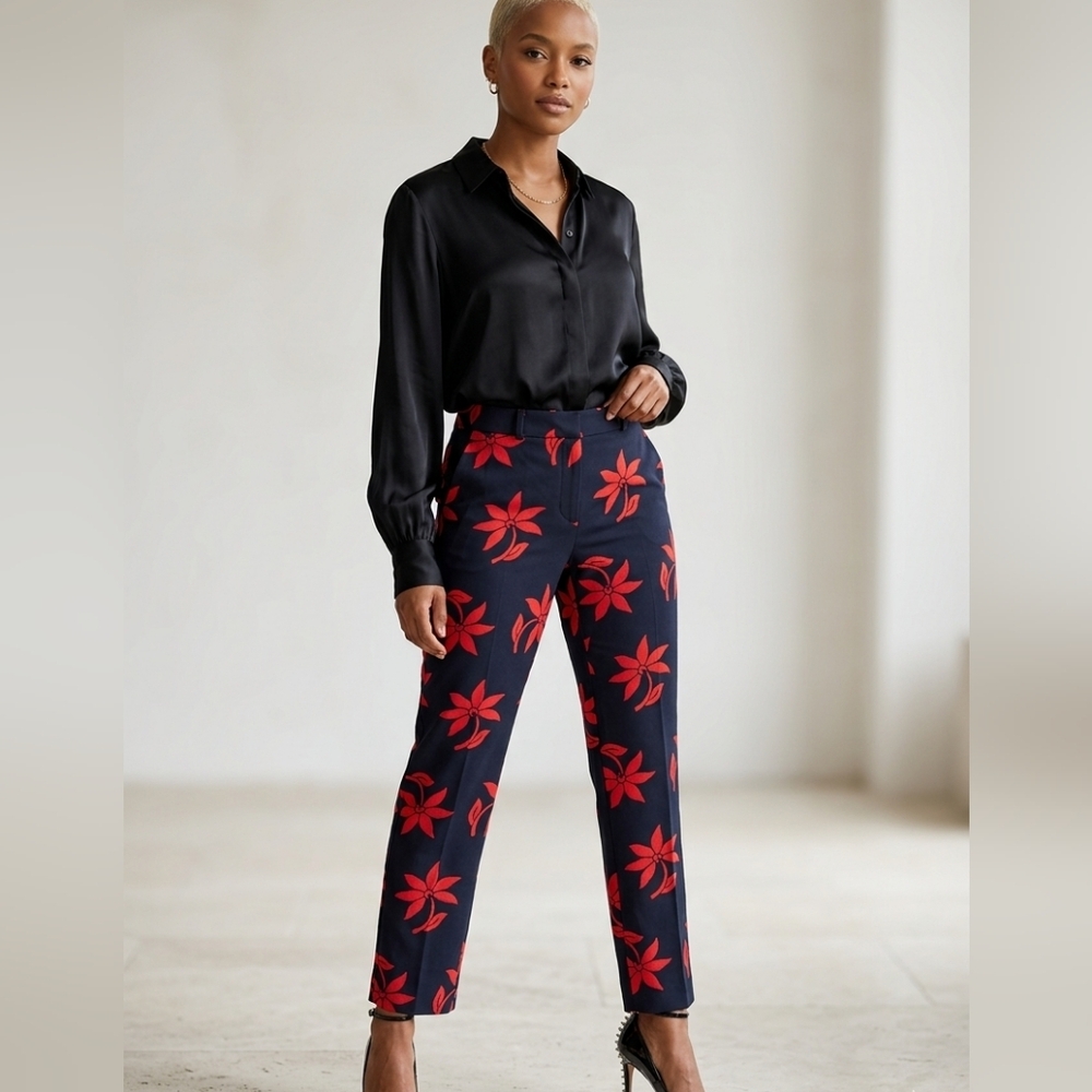 Banana Republic💋NWOT Navy Straight-Leg Red Floral PrintCOTTON/SPANDEX Sz 10